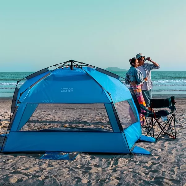 OutdoorMaster Pop Up Beach Tent for 4 Person  Easy Setup and Portable Beach Shade Sun Shelter Canopy with UPF 50 UV Protection Removable Skylight Family Size  BlueBlue XLarge