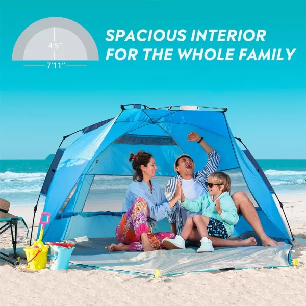 OutdoorMaster Pop Up Beach Tent for 4 Person  Easy Setup and Portable Beach Shade Sun Shelter Canopy with UPF 50 UV Protection Removable Skylight Family Size  BlueBlue XLarge