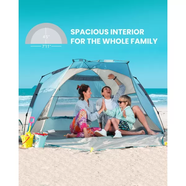 OutdoorMaster Pop Up Beach Tent for 4 Person  Easy Setup and Portable Beach Shade Sun Shelter Canopy with UPF 50 UV Protection Removable Skylight Family Size  BlueCancun Seashore XLarge