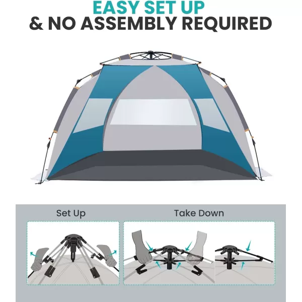 OutdoorMaster Pop Up Beach Tent for 4 Person  Easy Setup and Portable Beach Shade Sun Shelter Canopy with UPF 50 UV Protection Removable Skylight Family Size  BlueOcracoke Coast XLarge