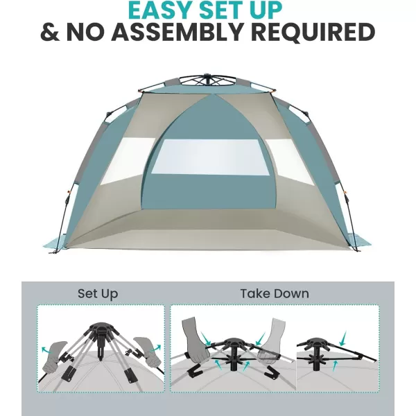 OutdoorMaster Pop Up Beach Tent for 4 Person  Easy Setup and Portable Beach Shade Sun Shelter Canopy with UPF 50 UV Protection Removable Skylight Family Size  BlueCancun Seashore XLarge