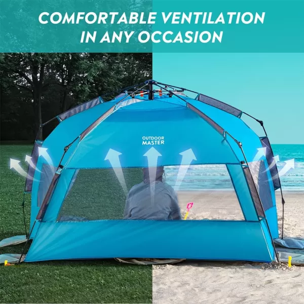 OutdoorMaster Pop Up Beach Tent for 4 Person  Easy Setup and Portable Beach Shade Sun Shelter Canopy with UPF 50 UV Protection Removable Skylight Family Size  BlueBlue XLarge