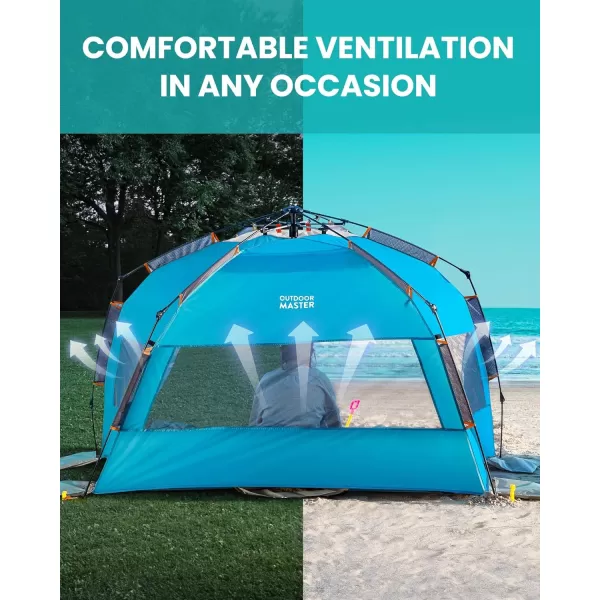 OutdoorMaster Pop Up Beach Tent for 4 Person  Easy Setup and Portable Beach Shade Sun Shelter Canopy with UPF 50 UV Protection Removable Skylight Family Size  BlueOcracoke Coast XLarge