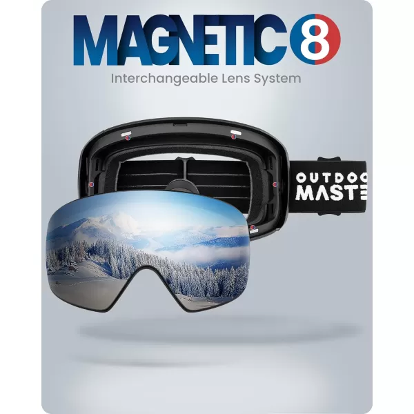 OutdoorMaster Ski Goggles Horizon  Snowboard Goggles with Ultra View Frameless Interchangeable Magnetic LensA3  Vlt 10  Blackframe Silver Lens