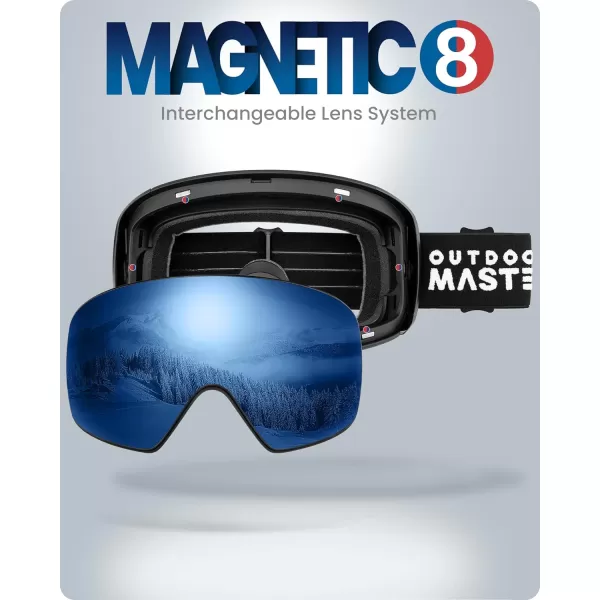 OutdoorMaster Ski Goggles Horizon  Snowboard Goggles with Ultra View Frameless Interchangeable Magnetic LensVlt 14  Blackframe Revo Light Blue Lens