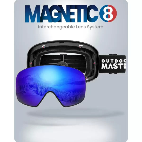 OutdoorMaster Ski Goggles Horizon  Snowboard Goggles with Ultra View Frameless Interchangeable Magnetic LensVlt 15  Blackframe Revo Blue Lens