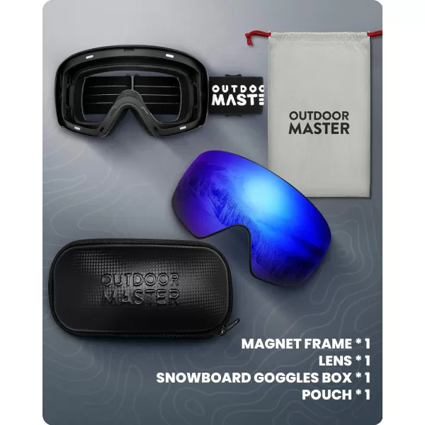 OutdoorMaster Ski Goggles Horizon  Snowboard Goggles with Ultra View Frameless Interchangeable Magnetic LensVlt 15  Blackframe Revo Blue Lens