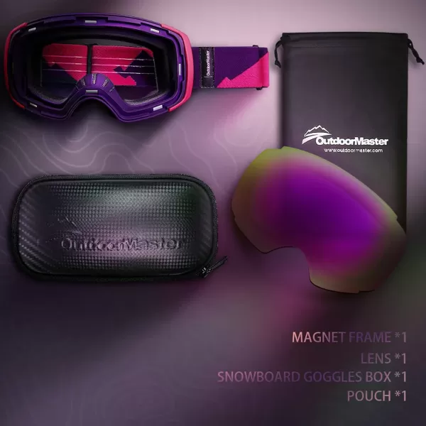 OutdoorMaster Ski Goggles PRO  Frameless Interchangeable Lens 100 UV400 Protection Snow Goggles for Men amp WomenPinkframe Purplerevoredlens Vlt45