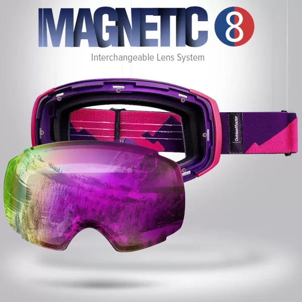 OutdoorMaster Ski Goggles PRO  Frameless Interchangeable Lens 100 UV400 Protection Snow Goggles for Men amp WomenPinkframe Purplerevoredlens Vlt45