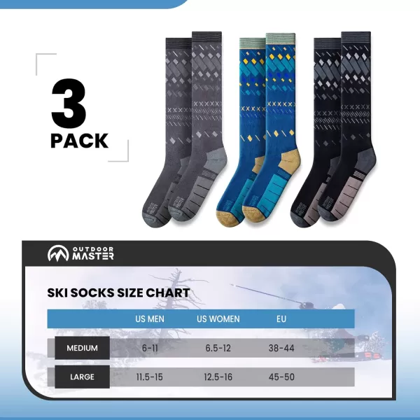 OutdoorMaster Ski Socks 2Pair Pack Skiing and Snowboarding Socks for Men amp Women with Over the Calf Design wNonSlip Cuff3packblackampgreyampblue