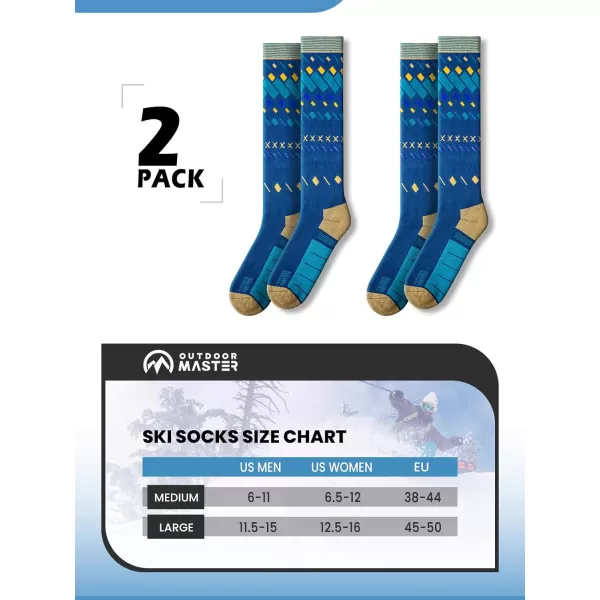 OutdoorMaster Ski Socks 2Pair Pack Skiing and Snowboarding Socks for Men amp Women with Over the Calf Design wNonSlip CuffBlue