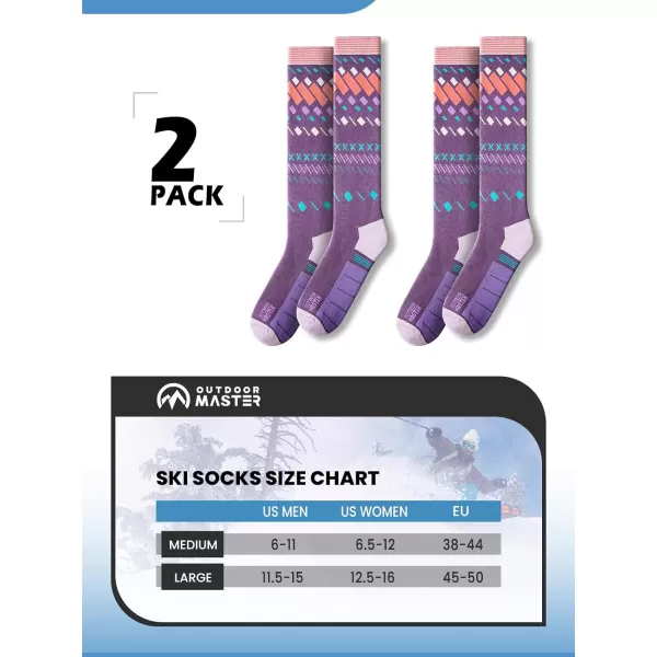 OutdoorMaster Ski Socks 2Pair Pack Skiing and Snowboarding Socks for Men amp Women with Over the Calf Design wNonSlip CuffPurple