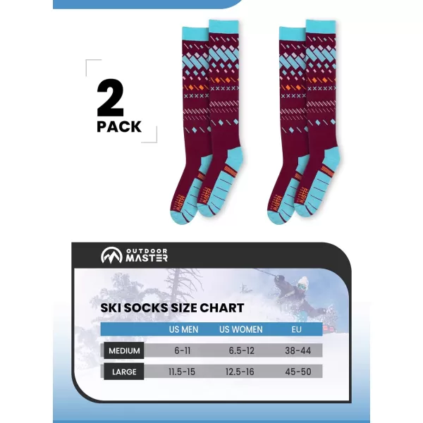 OutdoorMaster Ski Socks 2Pair Pack Skiing and Snowboarding Socks for Men amp Women with Over the Calf Design wNonSlip CuffReddish Brown