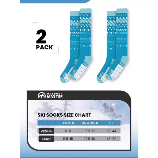 OutdoorMaster Ski Socks 2Pair Pack Skiing and Snowboarding Socks for Men amp Women with Over the Calf Design wNonSlip CuffTurquoise