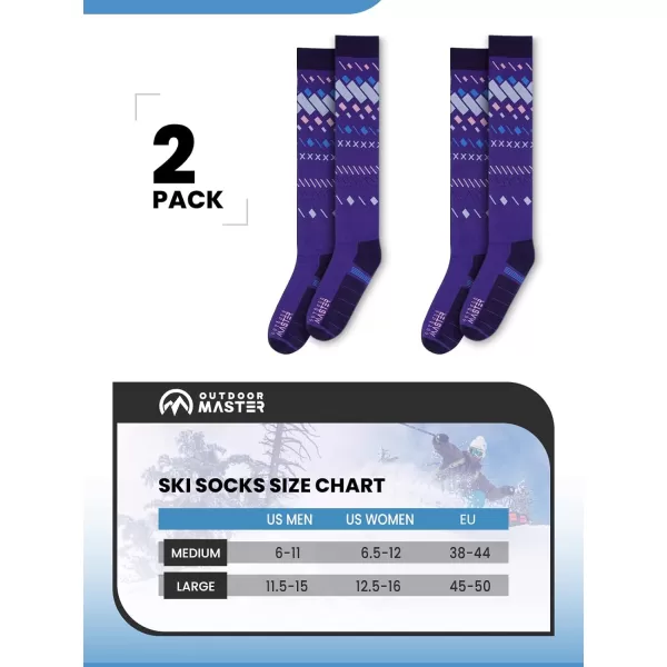 OutdoorMaster Ski Socks 2Pair Pack Skiing and Snowboarding Socks for Men amp Women with Over the Calf Design wNonSlip CuffViolet Blue