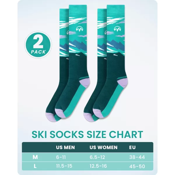 OutdoorMaster Ski Socks 2Pair Pack Skiing and Snowboarding Thermal Socks for Women Over The Calf NonSlip CuffForest Green