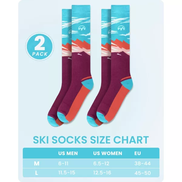 OutdoorMaster Ski Socks 2Pair Pack Skiing and Snowboarding Thermal Socks for Women Over The Calf NonSlip CuffHenna