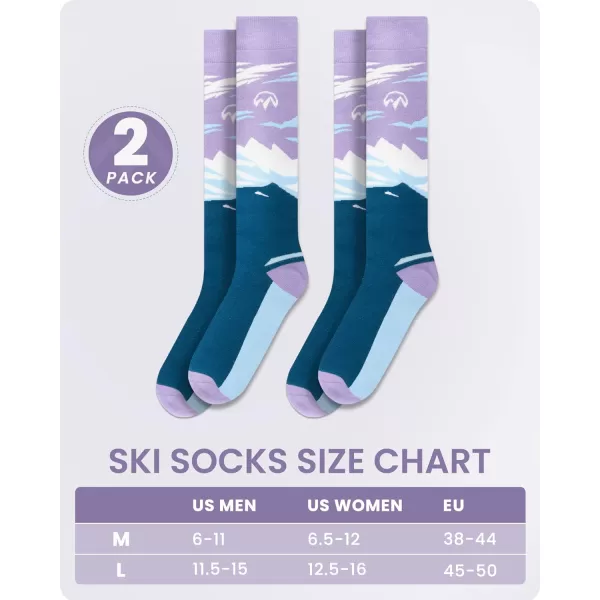 OutdoorMaster Ski Socks 2Pair Pack Skiing and Snowboarding Thermal Socks for Women Over The Calf NonSlip CuffLavender