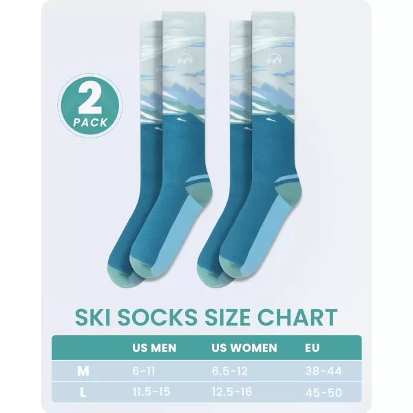 OutdoorMaster Ski Socks 2Pair Pack Skiing and Snowboarding Thermal Socks for Women Over The Calf NonSlip CuffOcean Blue