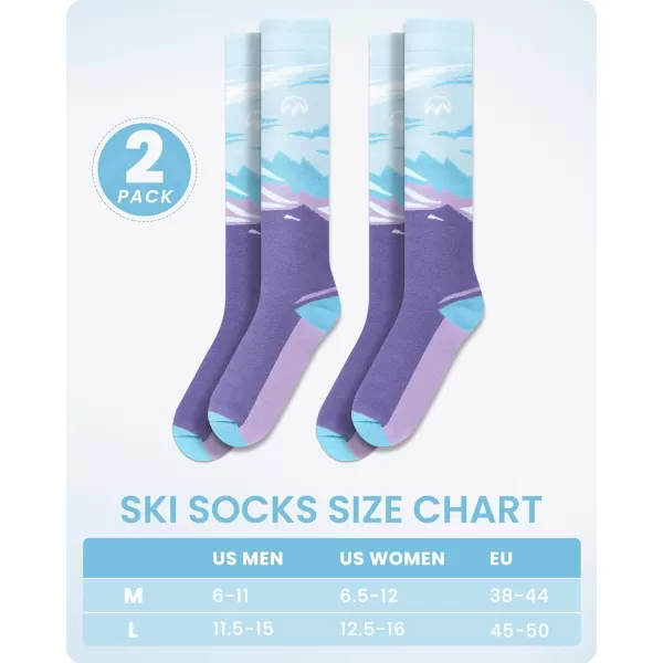 OutdoorMaster Ski Socks 2Pair Pack Skiing and Snowboarding Thermal Socks for Women Over The Calf NonSlip CuffViolet Mountain