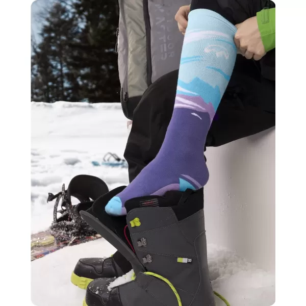 OutdoorMaster Ski Socks 2Pair Pack Skiing and Snowboarding Thermal Socks for Women Over The Calf NonSlip CuffViolet Mountain