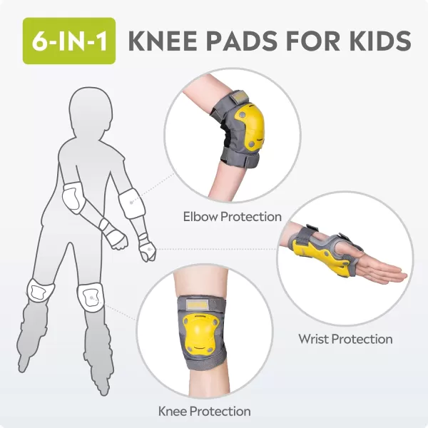 OutdoorMaster Teenagerskids Elbow Pads and Knee Pads for Kids  6In1 Set for Protective Gear Sets with Youth Shin Guards and Wrist Straps for Kids Bike and Kids Skateboard etcLittle Bee