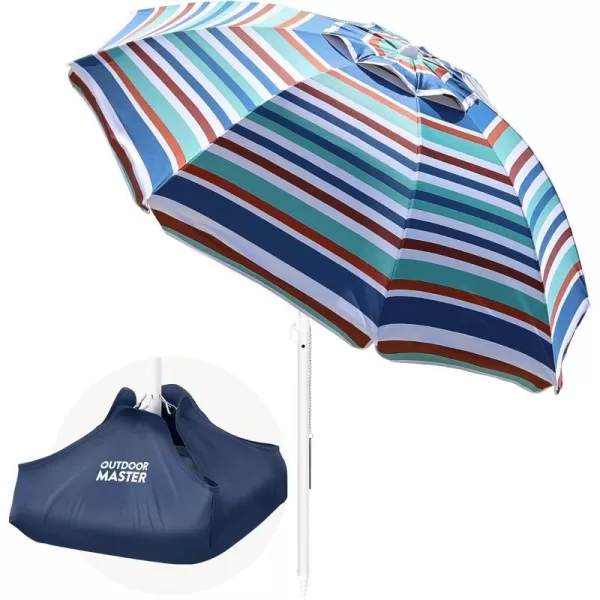 OutdoorMaster Beach Umbrella with Sand Bag  65ft Beach Umbrella with Sand Anchor UPF 50 PU Coating with Carry Bag for Patio and Outdoor  Blue StripedBlueRed Striped