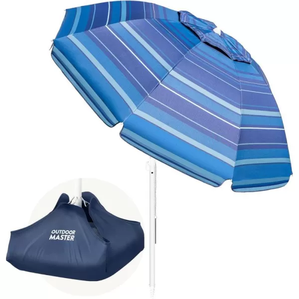 OutdoorMaster Beach Umbrella with Sand Bag  65ft Beach Umbrella with Sand Anchor UPF 50 PU Coating with Carry Bag for Patio and Outdoor  Blue StripedDark Blue Striped