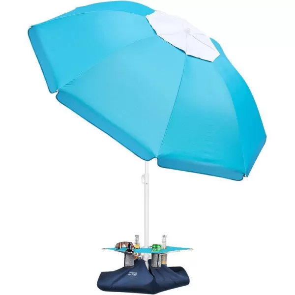 OutdoorMaster Beach Umbrella with Sand Bag  65ft Beach Umbrella with Sand Anchor UPF 50 PU Coating with Carry Bag for Patio and Outdoor  Blue StripedNew VersionTurquoise with Cup Holder