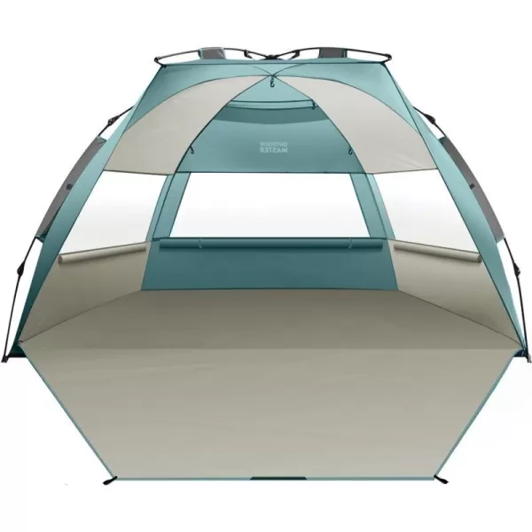 OutdoorMaster Pop Up Beach Tent for 4 Person  Easy Setup and Portable Beach Shade Sun Shelter Canopy with UPF 50 UV Protection Removable Skylight Family Size  BlueCancun Seashore XLarge