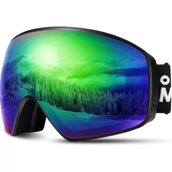 OutdoorMaster Ski Goggles Horizon  Snowboard Goggles with Ultra View Frameless Interchangeable Magnetic LensVlt 15  Blackframe Revo Green Lens