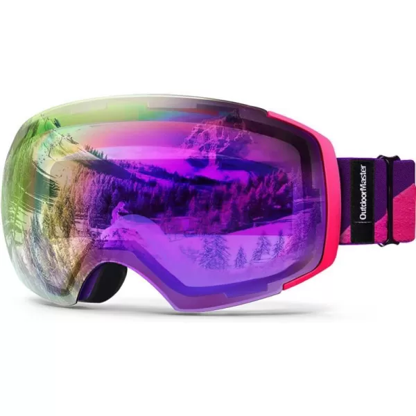 OutdoorMaster Ski Goggles PRO  Frameless Interchangeable Lens 100 UV400 Protection Snow Goggles for Men amp WomenPinkframe Purplerevoredlens Vlt45