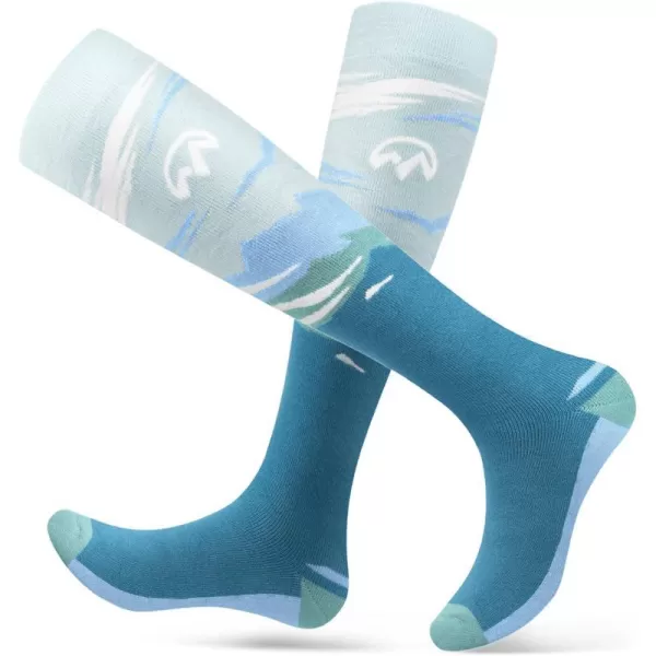 OutdoorMaster Ski Socks 2Pair Pack Skiing and Snowboarding Thermal Socks for Women Over The Calf NonSlip CuffOcean Blue