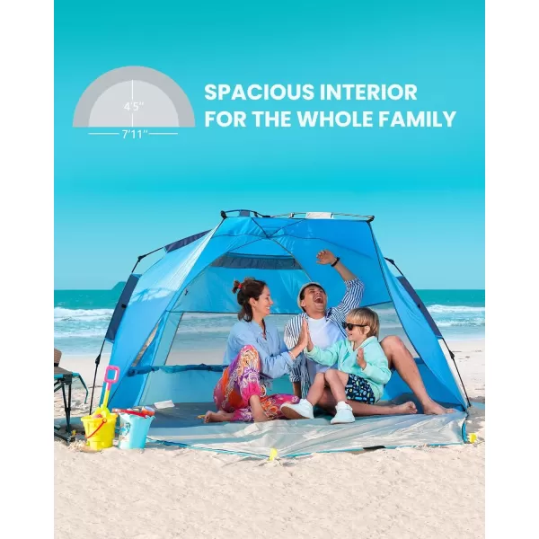 OutdoorMaster Beach Tent for 34 Person  Easy Setup and Portable Beach Shade Sun Shelter Canopy with UPF 50 UV Protection Removable Skylight Family SizeBlue