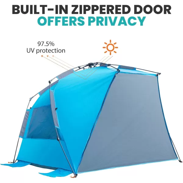 OutdoorMaster Beach Tent for 34 Person  Easy Setup and Portable Beach Shade Sun Shelter Canopy with UPF 50 UV Protection Removable Skylight Family SizeBlue