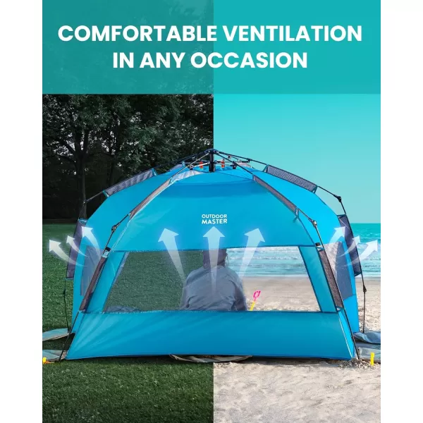 OutdoorMaster Beach Tent for 34 Person  Easy Setup and Portable Beach Shade Sun Shelter Canopy with UPF 50 UV Protection Removable Skylight Family SizeBlue