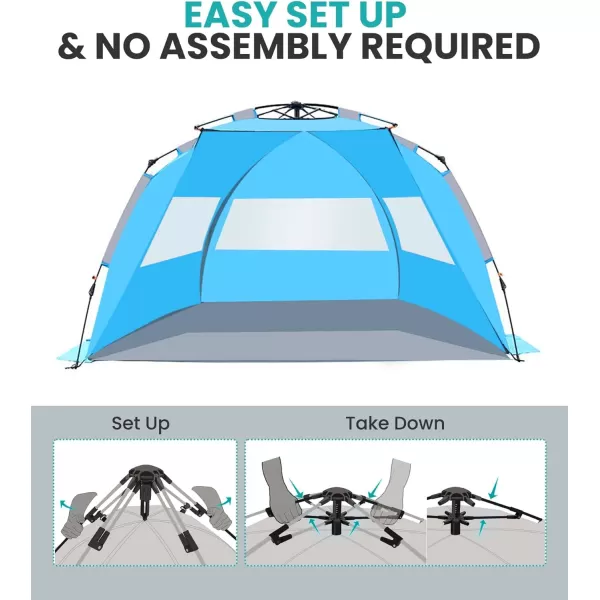 OutdoorMaster Beach Tent for 34 Person  Easy Setup and Portable Beach Shade Sun Shelter Canopy with UPF 50 UV Protection Removable Skylight Family SizeBlue