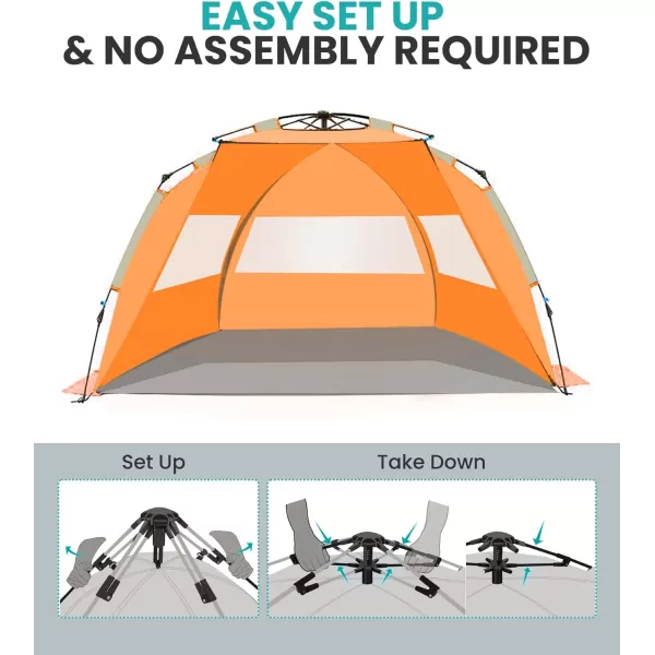 OutdoorMaster Beach Tent for 34 Person  Easy Setup and Portable Beach Shade Sun Shelter Canopy with UPF 50 UV Protection Removable Skylight Family SizeOrange