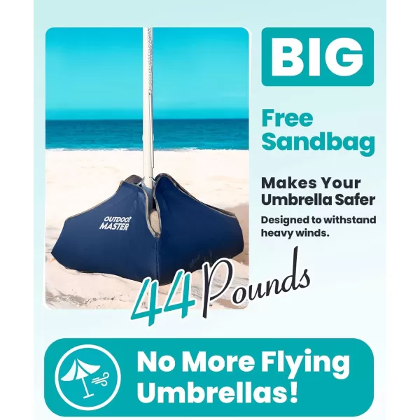 OutdoorMaster Beach Umbrella with Sand Bag  65ft Beach Umbrella with Sand Anchor UPF 50 PU Coating with Carry Bag for Patio and Outdoor  Navy StripedA02 Blue Striped