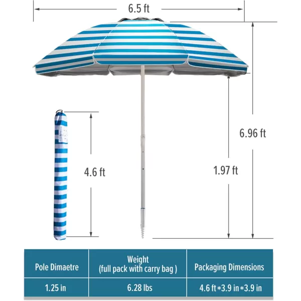 OutdoorMaster Beach Umbrella with Sand Bag  65ft Beach Umbrella with Sand Anchor UPF 50 PU Coating with Carry Bag for Patio and Outdoor  Navy StripedA02 Blue Striped