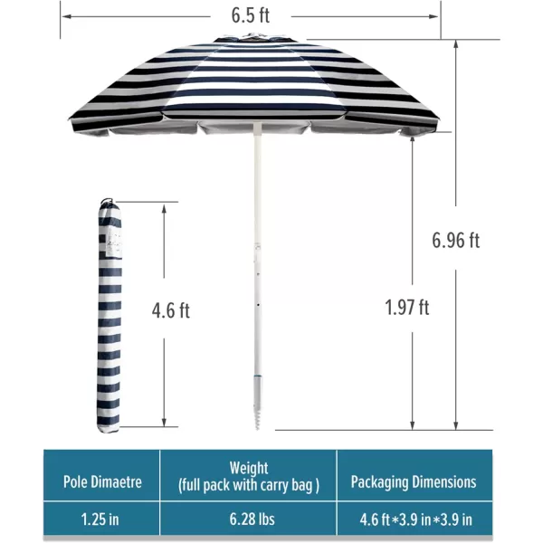 OutdoorMaster Beach Umbrella with Sand Bag  65ft Beach Umbrella with Sand Anchor UPF 50 PU Coating with Carry Bag for Patio and Outdoor  Navy StripedA01 Navy Striped