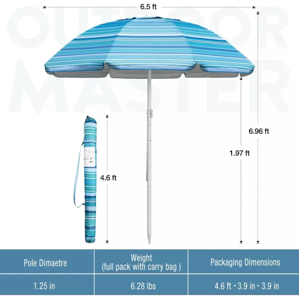 OutdoorMaster Beach Umbrella with Sand Bag  65ft Beach Umbrella with Sand Anchor UPF 50 PU Coating with Carry Bag for Patio and Outdoor  Navy StripedA03 Light Blue Striped