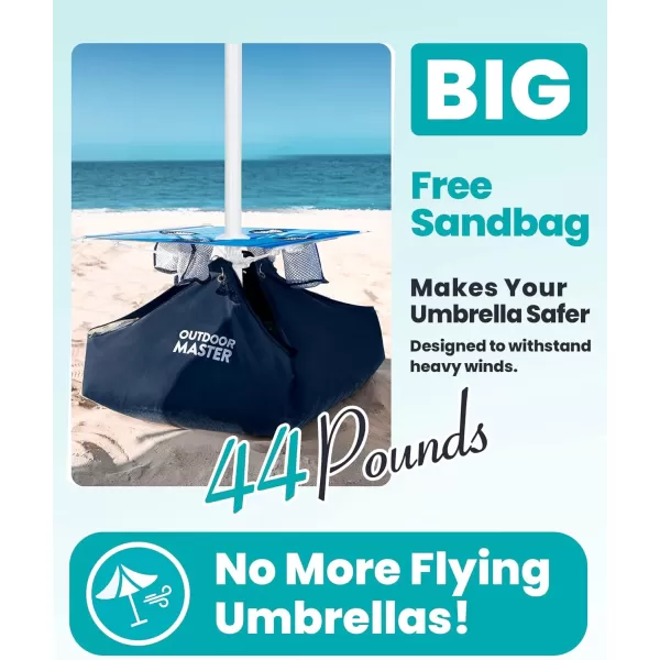 OutdoorMaster Beach Umbrella with Sand Bag  65ft Beach Umbrella with Sand Anchor UPF 50 PU Coating with Carry Bag for Patio and Outdoor  Navy StripedB03 New VersionLight Blue Striped with Cup Holder