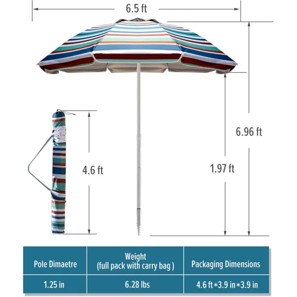 OutdoorMaster Beach Umbrella with Sand Bag  65ft Beach Umbrella with Sand Anchor UPF 50 PU Coating with Carry Bag for Patio and Outdoor  Navy StripedBlueRed Striped