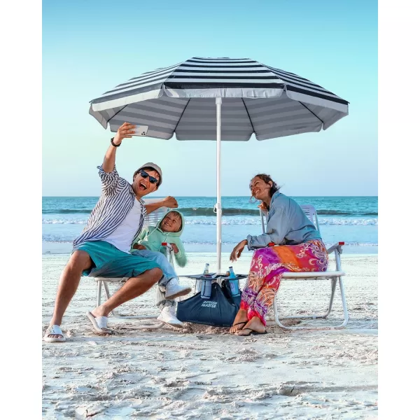 OutdoorMaster Beach Umbrella with Sand Bag  65ft Beach Umbrella with Sand Anchor UPF 50 PU Coating with Carry Bag for Patio and Outdoor  Navy StripedB01 New VersionNavy Striped with Cup Holder