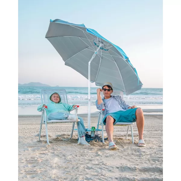 OutdoorMaster Beach Umbrella with Sand Bag  65ft Beach Umbrella with Sand Anchor UPF 50 PU Coating with Carry Bag for Patio and Outdoor  Navy StripedB03 New VersionLight Blue Striped with Cup Holder