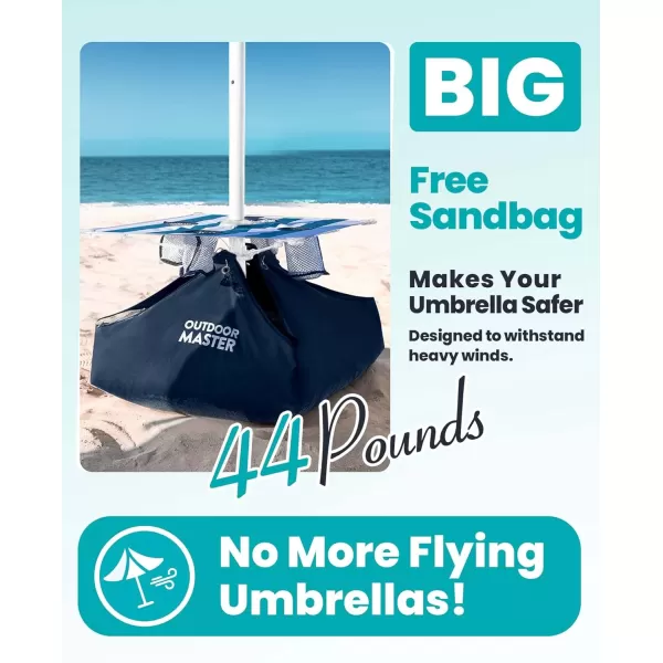 OutdoorMaster Beach Umbrella with Sand Bag  65ft Beach Umbrella with Sand Anchor UPF 50 PU Coating with Carry Bag for Patio and Outdoor  Navy StripedNew VersionBlue Striped with Cup Holder