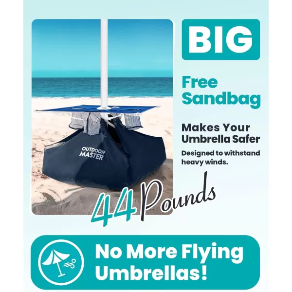 OutdoorMaster Beach Umbrella with Sand Bag  65ft Beach Umbrella with Sand Anchor UPF 50 PU Coating with Carry Bag for Patio and Outdoor  Navy StripedNew VersionDark Blue Striped with Cup Holder