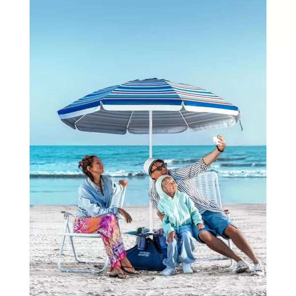 OutdoorMaster Beach Umbrella with Sand Bag  65ft Beach Umbrella with Sand Anchor UPF 50 PU Coating with Carry Bag for Patio and Outdoor  Navy StripedNew VersionBlueRed Striped with Cup Holder