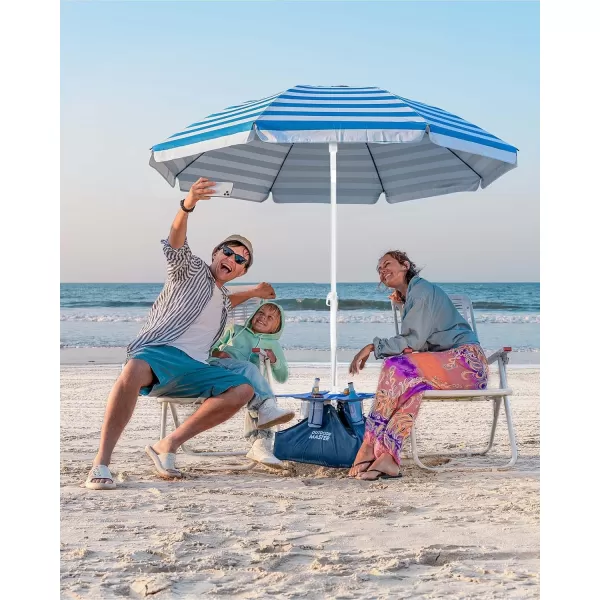 OutdoorMaster Beach Umbrella with Sand Bag  65ft Beach Umbrella with Sand Anchor UPF 50 PU Coating with Carry Bag for Patio and Outdoor  Navy StripedNew VersionBlue Striped with Cup Holder